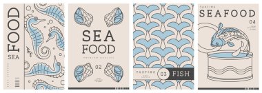 Modern dergi kapakları ya da çizgi halinde deniz ürünleri olan posterler. Restoran deniz ürünleri menüsü tasarımı. Vektör illüstrasyonu