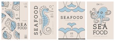 Modern dergi kapakları ya da çizgi halinde deniz ürünleri olan posterler. Restoran deniz ürünleri menüsü tasarımı. Vektör illüstrasyonu