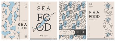 Modern dergi kapakları ya da çizgi halinde deniz ürünleri olan posterler. Restoran deniz ürünleri menüsü tasarımı. Vektör illüstrasyonu