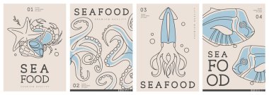 Modern dergi kapakları ya da çizgi halinde deniz ürünleri olan posterler. Restoran deniz ürünleri menüsü tasarımı. Vektör illüstrasyonu
