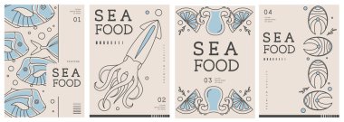Modern dergi kapakları ya da çizgi halinde deniz ürünleri olan posterler. Restoran deniz ürünleri menüsü tasarımı. Vektör illüstrasyonu