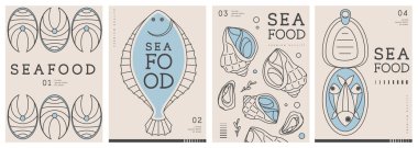 Modern dergi kapakları ya da çizgi halinde deniz ürünleri olan posterler. Restoran deniz ürünleri menüsü tasarımı. Vektör illüstrasyonu