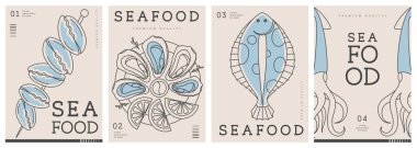 Modern dergi kapakları ya da çizgi halinde deniz ürünleri olan posterler. Restoran deniz ürünleri menüsü tasarımı. Vektör illüstrasyonu