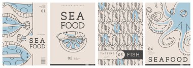 Modern dergi kapakları ya da çizgi halinde deniz ürünleri olan posterler. Restoran deniz ürünleri menüsü tasarımı. Vektör illüstrasyonu