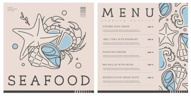 Yengeç, rapana, denizyıldızı ve ahtapotlu restoran serisi deniz ürünleri menüsü tasarımı. Vektör illüstrasyonu