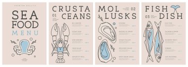 Restoran serisi, ıstakoz, yengeç, balık ve istiridye içeren deniz ürünleri menüsü tasarımı. Vektör illüstrasyonu