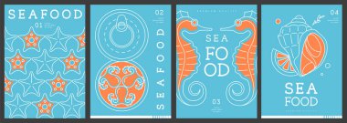 Modern dergi kapakları ya da çizgi halinde deniz ürünleri olan posterler. Restoran deniz ürünleri menüsü tasarımı. Vektör illüstrasyonu