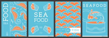 Modern dergi kapakları ya da çizgi halinde deniz ürünleri olan posterler. Restoran deniz ürünleri menüsü tasarımı. Vektör illüstrasyonu