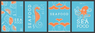 Modern dergi kapakları ya da çizgi halinde deniz ürünleri olan posterler. Restoran deniz ürünleri menüsü tasarımı. Vektör illüstrasyonu