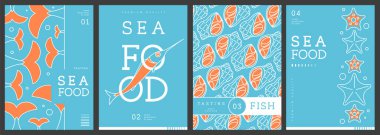 Modern dergi kapakları ya da çizgi halinde deniz ürünleri olan posterler. Restoran deniz ürünleri menüsü tasarımı. Vektör illüstrasyonu