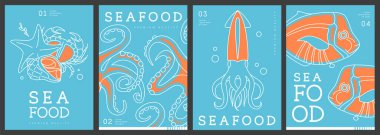Modern dergi kapakları ya da çizgi halinde deniz ürünleri olan posterler. Restoran deniz ürünleri menüsü tasarımı. Vektör illüstrasyonu
