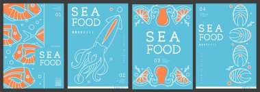 Modern dergi kapakları ya da çizgi halinde deniz ürünleri olan posterler. Restoran deniz ürünleri menüsü tasarımı. Vektör illüstrasyonu