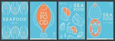 Modern dergi kapakları ya da çizgi halinde deniz ürünleri olan posterler. Restoran deniz ürünleri menüsü tasarımı. Vektör illüstrasyonu