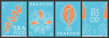 Modern dergi kapakları ya da çizgi halinde deniz ürünleri olan posterler. Restoran deniz ürünleri menüsü tasarımı. Vektör illüstrasyonu