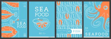 Modern dergi kapakları ya da çizgi halinde deniz ürünleri olan posterler. Restoran deniz ürünleri menüsü tasarımı. Vektör illüstrasyonu