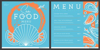 Deniztarağı, istiridye ve limonlu restoran serisi deniz ürünleri menüsü tasarımı. Vektör illüstrasyonu