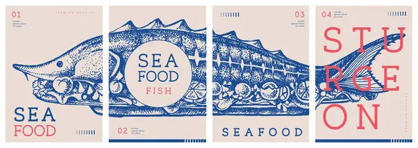 Modern dergi kapakları ya da mersin balıklı posterler. Restoran deniz ürünleri menüsü tasarımı. Vektör illüstrasyonu