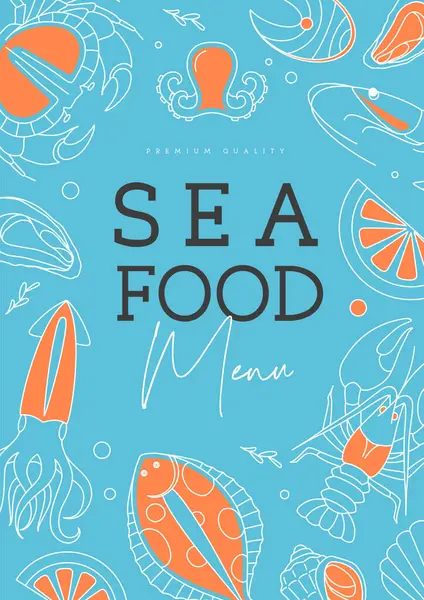 Yengeç, rapana, denizyıldızı, ahtapot, ıstakoz, istiridye ve karidesli restoran serisi deniz ürünleri menüsü tasarımı. Vektör illüstrasyonu
