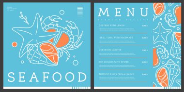 Yengeç, rapana, denizyıldızı ve ahtapotlu restoran serisi deniz ürünleri menüsü tasarımı. Vektör illüstrasyonu