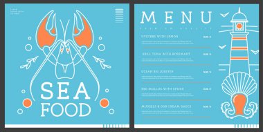 Istakoz, ahtapot, deniz feneri ve deniz tarağı içeren restoran serisi deniz ürünleri menüsü tasarımı. Vektör illüstrasyonu