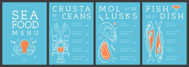 Restoran serisi, ıstakoz, yengeç, balık ve istiridye içeren deniz ürünleri menüsü tasarımı. Vektör illüstrasyonu