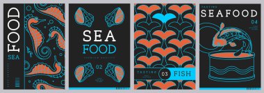 Modern dergi kapakları ya da çizgi halinde deniz ürünleri olan posterler. Restoran deniz ürünleri menüsü tasarımı. Vektör illüstrasyonu