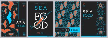 Modern dergi kapakları ya da çizgi halinde deniz ürünleri olan posterler. Restoran deniz ürünleri menüsü tasarımı. Vektör illüstrasyonu