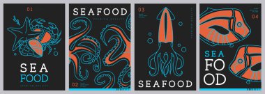 Modern dergi kapakları ya da çizgi halinde deniz ürünleri olan posterler. Restoran deniz ürünleri menüsü tasarımı. Vektör illüstrasyonu