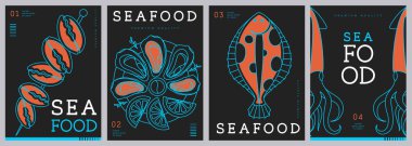 Modern dergi kapakları ya da çizgi halinde deniz ürünleri olan posterler. Restoran deniz ürünleri menüsü tasarımı. Vektör illüstrasyonu