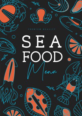 Yengeç, rapana, denizyıldızı, ahtapot, ıstakoz, istiridye ve karidesli restoran serisi deniz ürünleri menüsü tasarımı. Vektör illüstrasyonu