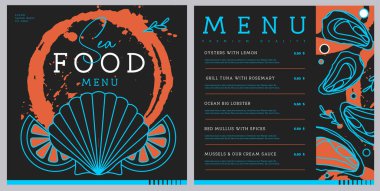 Deniztarağı, istiridye ve limonlu restoran serisi deniz ürünleri menüsü tasarımı. Vektör illüstrasyonu