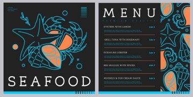 Yengeç, rapana, denizyıldızı ve ahtapotlu restoran serisi deniz ürünleri menüsü tasarımı. Vektör illüstrasyonu