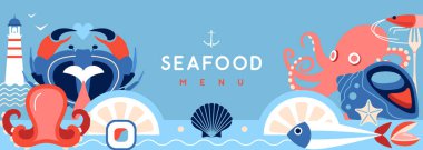 Yengeç, balık, karides, istiridye, ahtapot ve deniz fenerli düz deniz ürünleri posteri veya afişi. Restoran deniz ürünleri menüsü tasarımı. Vektör illüstrasyonu
