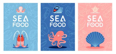 Deniz ürünleri lokantası posterleri ya da karides, ahtapot ve deniz tarağı içeren menü tasarımları. Vektör illüstrasyonu