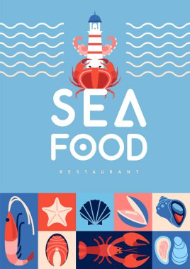 Düz deniz ürünleri posteri ya da balık, karides, istiridye, ahtapot, kabuk ve ıstakoz afişi. Restoran deniz ürünleri menüsü tasarımı. Vektör illüstrasyonu