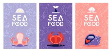 Yengeç, ahtapot ve rapanalı deniz ürünleri restoranı posterleri ya da menü tasarımı. Vektör illüstrasyonu