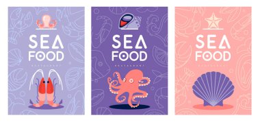 Deniz ürünleri lokantası posterleri ya da karides, ahtapot ve deniz tarağı içeren menü tasarımları. Vektör illüstrasyonu