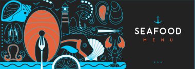 Düz deniz ürünleri posteri ya da ıstakoz, balık, karides, istiridye, ahtapot ve deniz feneri afişi. Restoran deniz ürünleri menüsü tasarımı. Vektör illüstrasyonu