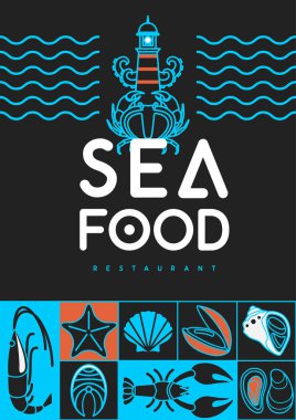 Düz deniz ürünleri posteri ya da balık, karides, istiridye, ahtapot, kabuk ve ıstakoz afişi. Restoran deniz ürünleri menüsü tasarımı. Vektör illüstrasyonu