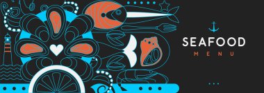 Düz deniz ürünleri posteri ya da somon, balık, karides, istiridye, ahtapot ve deniz feneri afişi. Restoran deniz ürünleri menüsü tasarımı. Vektör illüstrasyonu