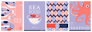 Düz modern dergi kapakları ya da deniz mahsullü posterler. Restoran deniz ürünleri menüsü tasarımı. Vektör illüstrasyonu