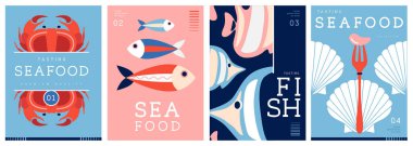 Düz modern dergi kapakları ya da deniz mahsullü posterler. Restoran deniz ürünleri menüsü tasarımı. Vektör illüstrasyonu
