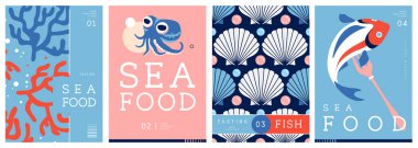Düz modern dergi kapakları ya da deniz mahsullü posterler. Restoran deniz ürünleri menüsü tasarımı. Vektör illüstrasyonu