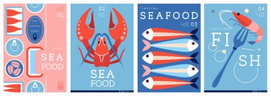 Düz modern dergi kapakları ya da deniz mahsullü posterler. Restoran deniz ürünleri menüsü tasarımı. Vektör illüstrasyonu