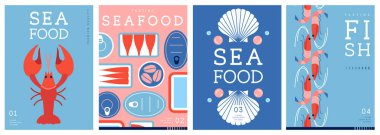 Düz modern dergi kapakları ya da deniz mahsullü posterler. Restoran deniz ürünleri menüsü tasarımı. Vektör illüstrasyonu