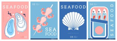 Düz modern dergi kapakları ya da deniz mahsullü posterler. Restoran deniz ürünleri menüsü tasarımı. Vektör illüstrasyonu