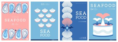 Düz modern dergi kapakları ya da deniz mahsullü posterler. Restoran deniz ürünleri menüsü tasarımı. Vektör illüstrasyonu