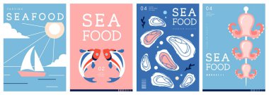 Düz modern dergi kapakları ya da deniz mahsullü posterler. Restoran deniz ürünleri menüsü tasarımı. Vektör illüstrasyonu