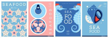 Düz modern dergi kapakları ya da deniz mahsullü posterler. Restoran deniz ürünleri menüsü tasarımı. Vektör illüstrasyonu