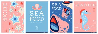 Düz modern dergi kapakları ya da deniz mahsullü posterler. Restoran deniz ürünleri menüsü tasarımı. Vektör illüstrasyonu